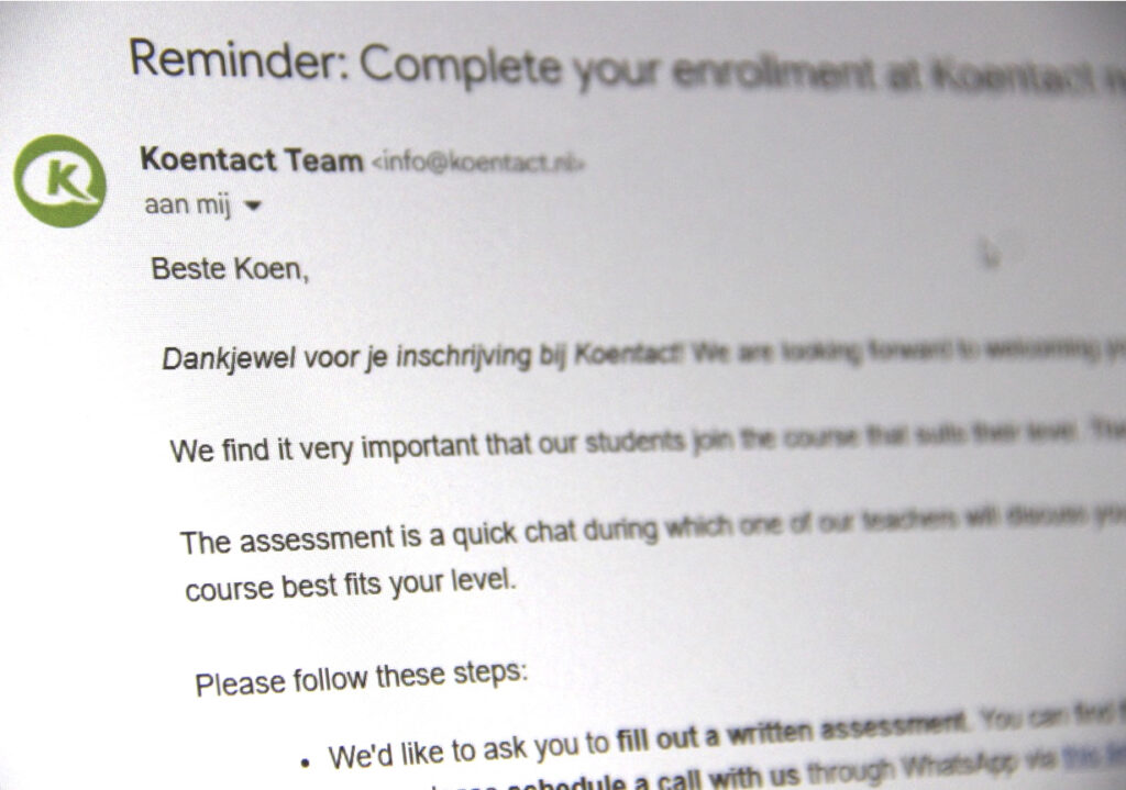 an email from Koentact with more information about the level assessment